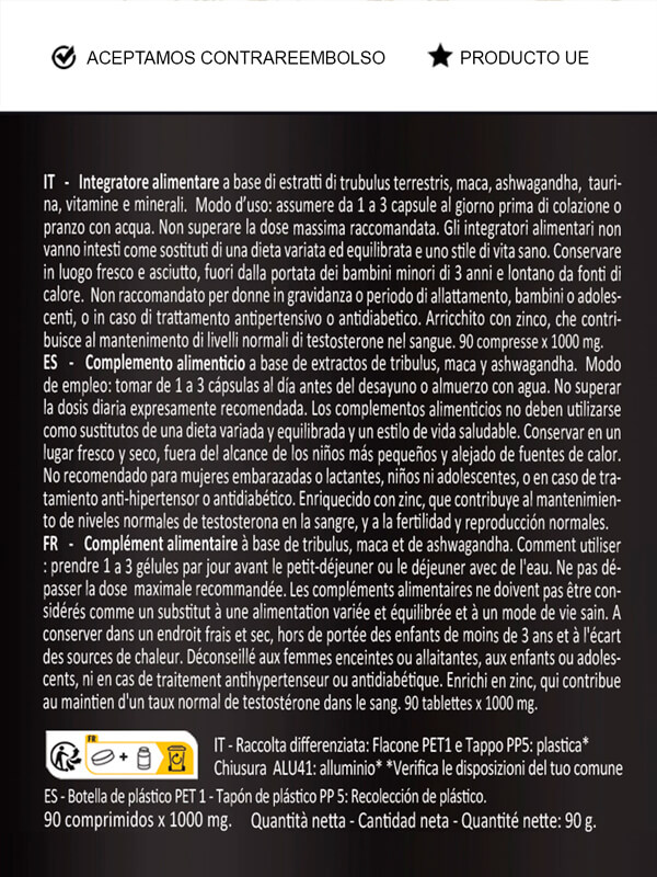 BeSwiss Tribulus, maca negra andina, ashwagandha, uso y formulación ingredientes naturales